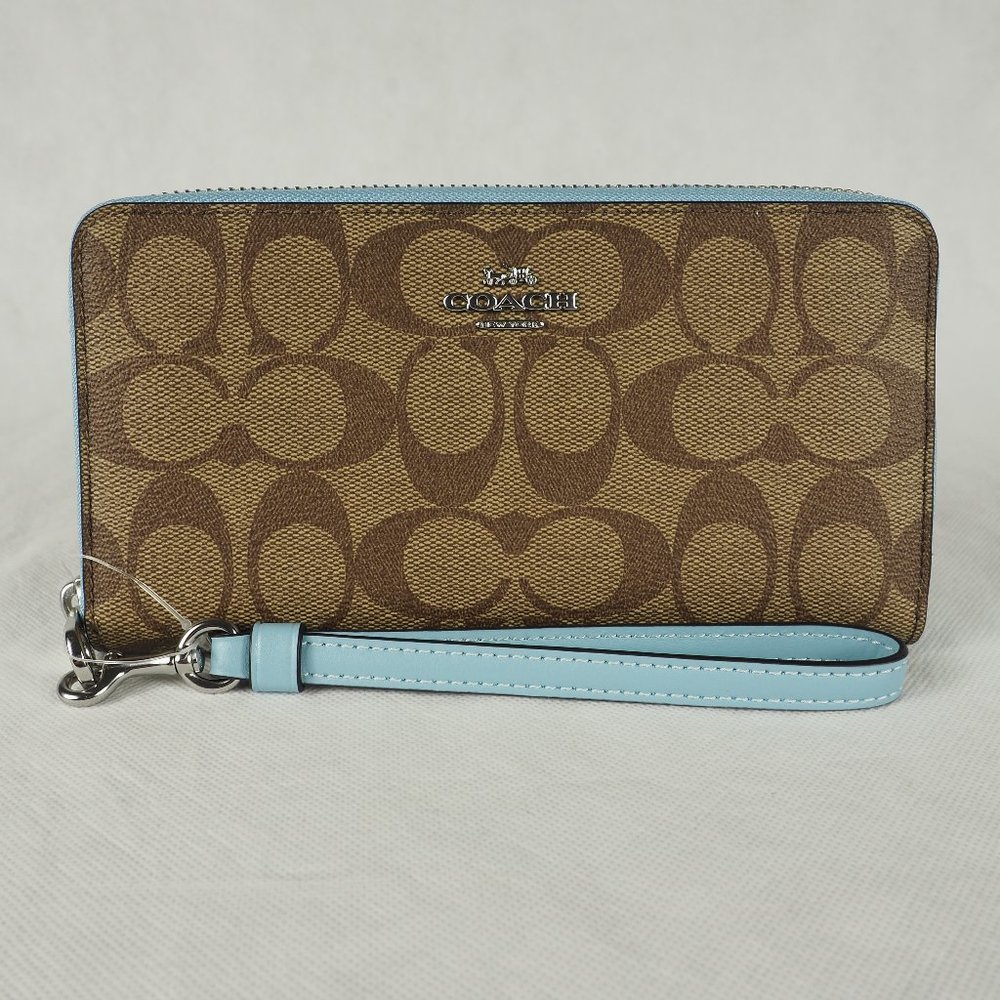 Coach Wallet Long Zip Around Signature Canvas Leather Khaki Waterfall Blue C4452